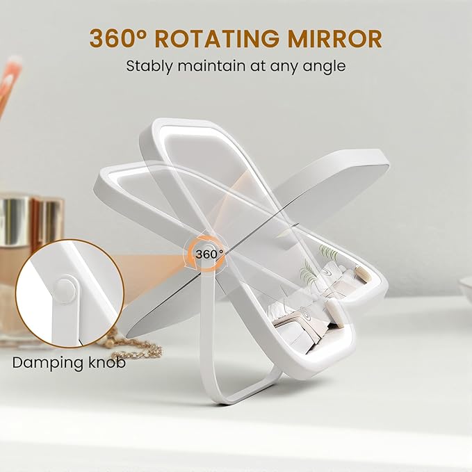 Rechargeable Travel Makeup Mirror, 8"×6" Small Vanity Mirror with Lights, 1500mAH Battery, 3-Color Lighting, Dimmable, 360° Rotation, Portable Desk Mirror with Storage Pouch, Travel Essentials (White)
