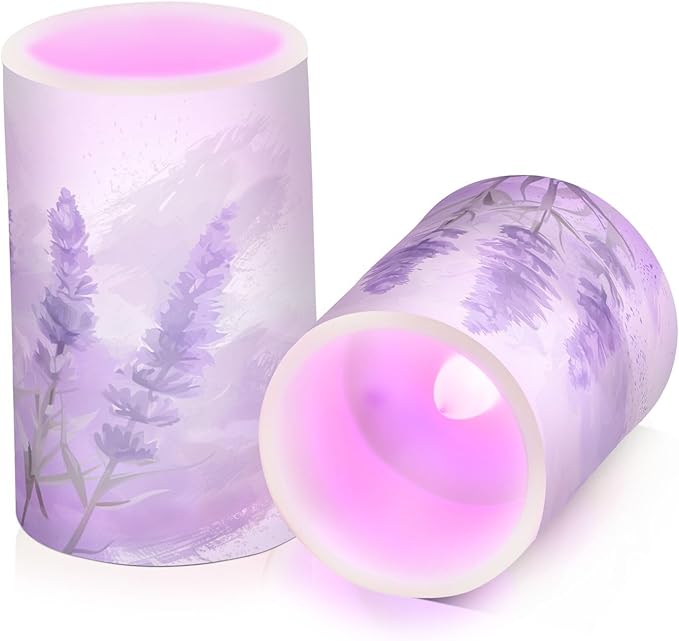 Watercolor Lavender Pattern Flameless Candles Color Changing LED Candles with Remote Control Battery Candles for Outdoor and Indoor Home and Room Decoration, 3'' x 4''/5'' Set of 2 Pieces