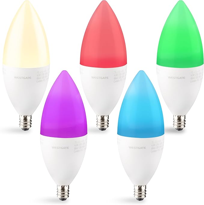 Westgate TC-E12-4.5W-RGBW-WiFi LED Light Bulbs, E12 Base, Color Changing, 25000 Hour Lifespan, Smart Home Compatible with Alexa and Google, Dimmable, 5 Year Warranty (4.5 Watt)