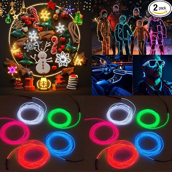 Ourbest 2Pack 5in1 Wearable led Wire Lights, el Wire Lights Battery Powered Party Cosplay Rope Lights 3Mode Stay/Slow/Fast Flash(2 Battery Boxes Multicolor)