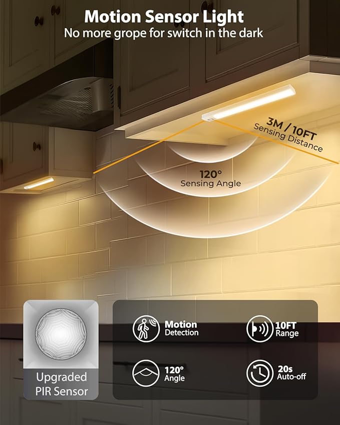 10inch Under Cabinet Lighting, 68 LED Rechargeable Motion Sensor Light Indoor, 6 Levels Dimmable Magnetic Closet Lights, Wireless Under Counter Lights for Kitchen, Stairs, Bedroom, 2-Pack Warm Light