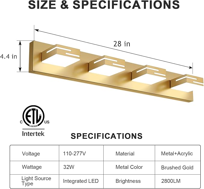 LED Modern Bathroom Vanity Light Fixtures, 4-Light 28-inch Dimmable Gold Vanity Lights for Bathroom Lighting Fixtures Over Mirror, with 350° Rotatable Heads (Cool White 6000K)