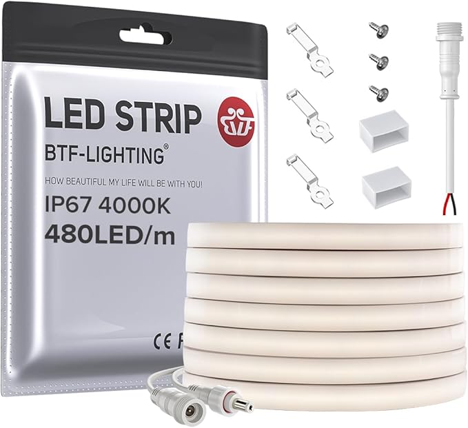 BTF-LIGHTING FCOB COB LED Strip IP67 Waterproof Flexible High Density Uniform Diffused Neon Light 16.4FT DC12V Natural White 4000K 480LED/m CRI90+ for Indoor Decor(No Adapter or Controller)