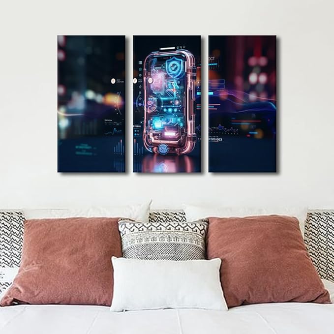 TUMOVO 3 Panel Wall Art for Living Room Mobile Phone Using Biometric Digital Finger Picture Poster Contemporary Art Giclee Artwork, Stretched and Framed Ready to Hang, 42" Wx28 H