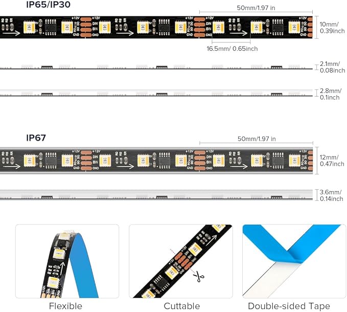 BTF-LIGHTING WS2805 IC RGBCCT Addressable Dual Data LED Strip 5050SMD 16.4FT 60LED/m 20Pixel/m 5 Colors in 1 Chasing Color RGB+CCT 3000K-6500K Lights Strip IP30 DC12V(No Adapter or Controller)