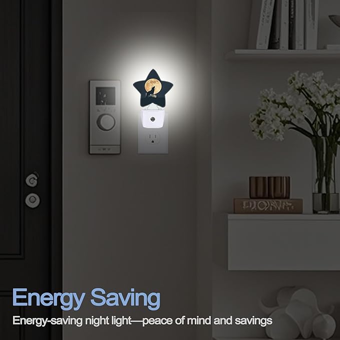 Black Wolf Moon Night Light,Animals Plug-in Star Night Lights with Dusk-to-Dawn Sensor for Bedroom,Bathroom,Living Room Sleep Friendly Lamp for Women Girls Boys Gift,0.5W