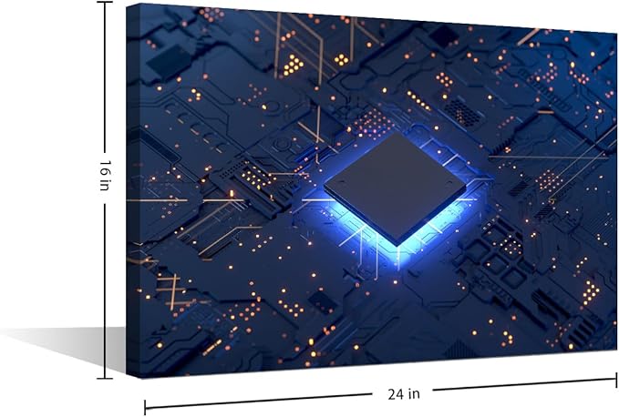 TUMOVO CPU Concept Wall Paintings for Living Room Technology Digital Art Pictures Print On Canvas Circuit Board Wall Art Bedroom Wall Decoration Office Wall Art Framed Ready to Hang - 24x16in