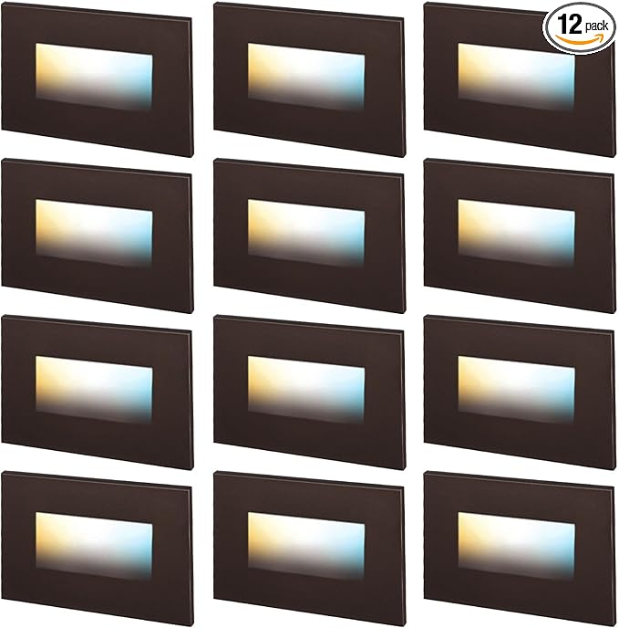 LEONLITE 12-Pack Premium Series 5CCT 120V LED Step Lights, Dimmable 3.5W Indoor Outdoor Waterproof Horizontal Stair Light, 2700K3000K3500K4000K5000K Selectable, CRI90, ETL, Aluminum, Oil Rubbed Bronze