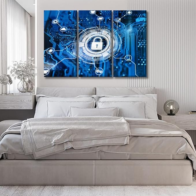 LSIUHWUWI 3 Panel Modern Wall Art Cybersecurity and Secure Nerwork Internet Technology Picture Prints on Canvas Wall Paintings for Bedroom Living Room, Framed Ready to Hang, 20x40inchx3