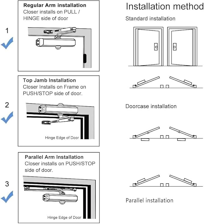 Marie Hold Open Door Closer Applies Regular,Top Jamb Mounting,Adjustable Automatic Size 2 Door Closer for 55-99 lbs Residential and Commercial Light Doors