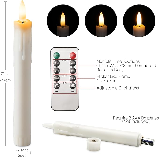 Homemory 7 Inches Flameless Taper Candles with Remote Timer, Short Led Candlesticks with 3D Flickering Light, Battery Operated Candles with Lifelike Flame for Wedding Home Xmas Decor, White, 6 Pcs