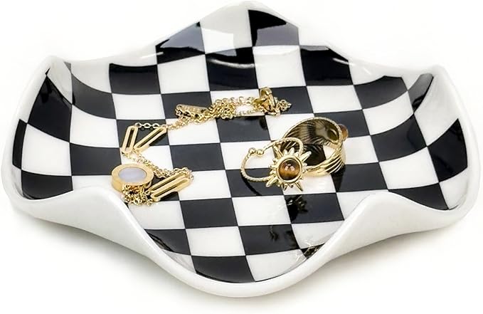 Aesthetic Ring Holder Dish, Cute Small Trinket Dish, Ceramic Jewelry Tray,Modern Checkered Cool Stuff for Girly Room Decor, Vanity Essentials for Teen Girls Women Dorm Room Bedroom Bathroom