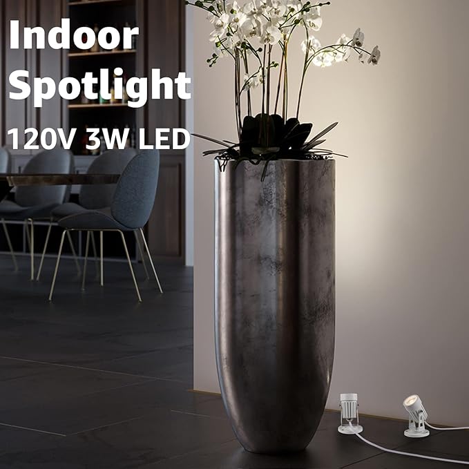 SUNVIE 2 Pack LED Spot Lights Indoor Plant Spotlight Lamp Up Lights for Indoor Plants Accent Lighting 120V Warm White Uplight 5.9 FT Cord with Floor Foot Switch, White (Base and Stake Included)