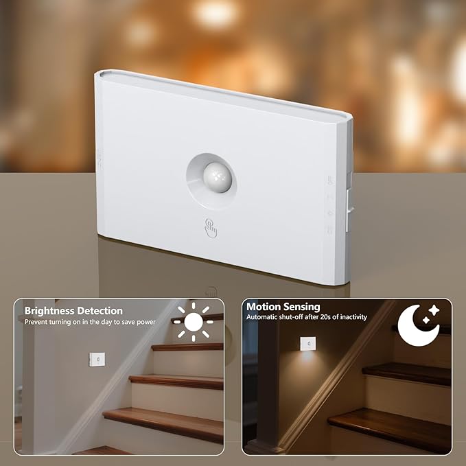 Rechargeable Stair Night Lights Indoor with Motion Sensors, Small Battery Powered Stairway Lights for Bathroom, Hallway, Underbed, Toilet, Magnetic Mount, 4 Pack