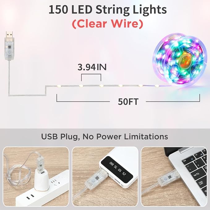 String Lights, 50ft 150 LED Lights Color Changing String Waterproof, 200+ Preset Scene Modes, Smart App & Remote for Indoor Outdoor Christmas Decoration Party Holiday Home Bedroom Patio Decor