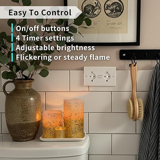 FURORA LIGHTING Gold Glitter LED Candles with Remote and Timer, 4 Pillars and 4 Votives Pack of 8, Real Wax Flameless Flickering Candles for Home Décor, Battery Included