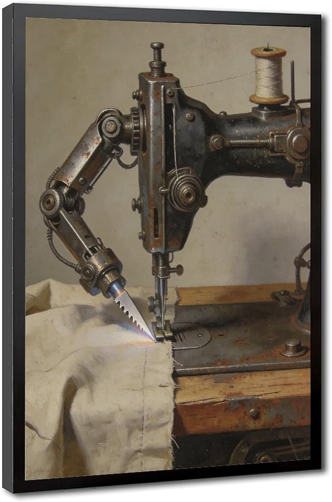 Framed Steampunk Mechanical Sewing Machine Wall Art - Retro Industrial Workshop Poster for Home Office Studio Decor 16x24in
