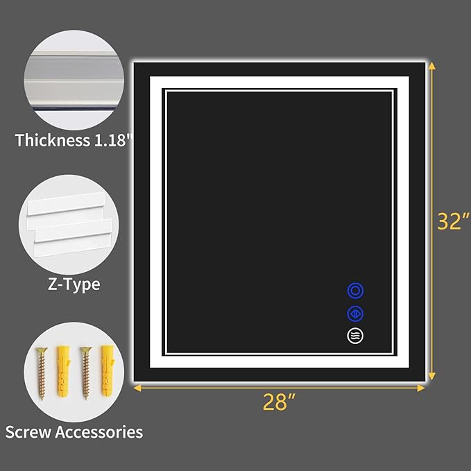 32"x28" LED Bathroom Mirror with Anti-Fog, Stepless Dimmable Lights, 3 Color Modes, Shatter-Proof Tempered Glass,Waterproof Design