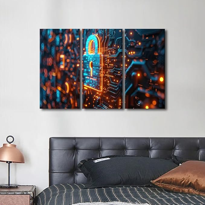 TUMOVO 3 Panels Wall Art AI Intelligence Canvas Prints Security Lock Symbol Paintings Modern Artwork for Home Walls AI Posters and Prints Giclee Gallery-wrapped Framed Ready to Hang, 36" Wx24 H