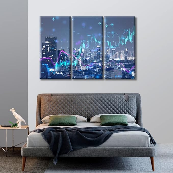 TUMOVO Home Decor Night City Skyline Digital Financial Stock Market Chart Paintings Wall Art 3 Pieces Rustic Home Decor Posters and Prints Stretched and Framed Ready to Hang (60" Wx40 H)
