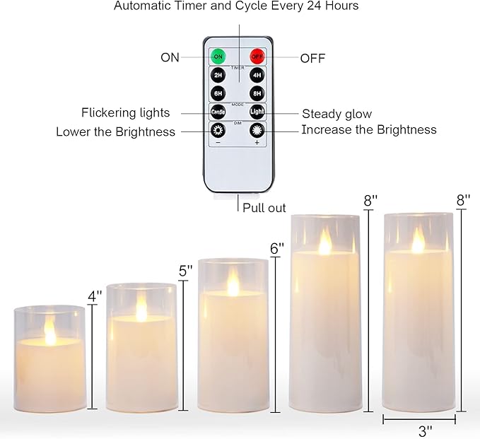 Homemory Pure White Flickering Flameless Candles, Battery Operated Acrylic LED Pillar Candles with Remote Control and Timer, Set of 5