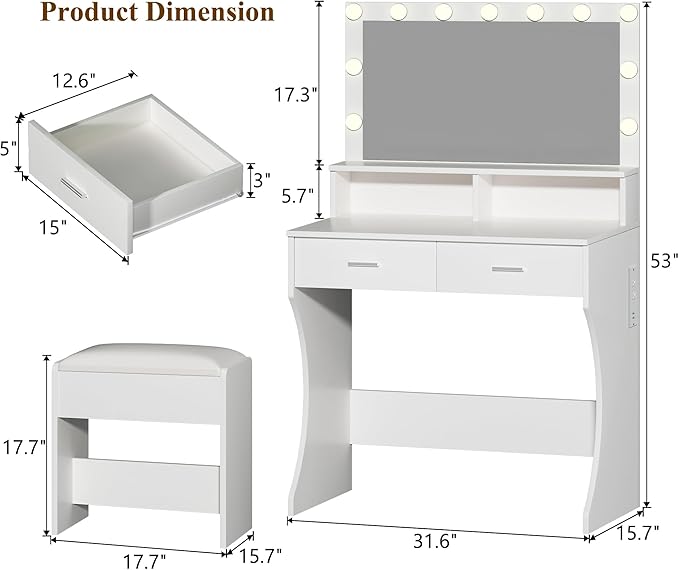 Vanity Desk with Mirror and Lights, Small Makeup Vanity with Power Outlets and RGB LED Strip, Bedoom Vanity Table Set with Cushion Stool and 2 Storage Drawers, 3 Color Modes, Bright Adjustable, White