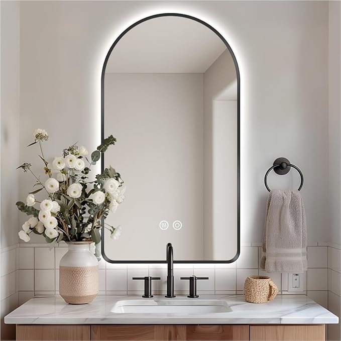 32" x 20" Arched LED Bathroom Mirror, Black Framed, Backlit Vanity Mirror with Lights, Wall Mounted Lighted Mirror, Dimmable 3-Color Shatter-Proof Arch Smart Mirror, UL-Listed, CRI≥93