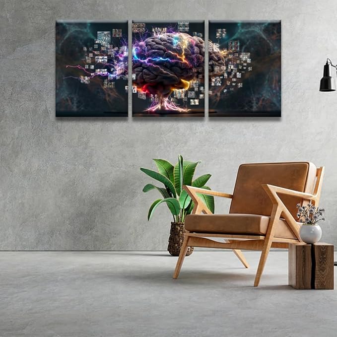 Modern Wall Art 3 Panel Wall Art Human Brain Full with Creativity Pictures Print On Canvas Wall Decor for Living Room, Wooden Framed Gallery-Wrapped Ready to Hang 12x16inchx3