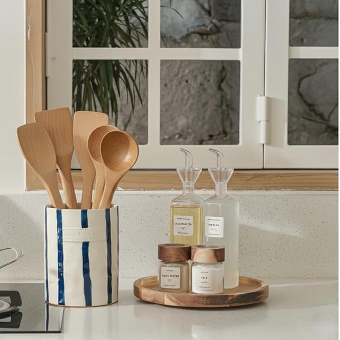 JIEMEI HOME Kitchen Utensil Holder, 7.2" Ceramic Stable Utensil Crock for Countertop, Modern Minimalism Style Cooking Tool Organizer with Cork Mat, Spatula Holder For Kitchen Decor, Blue stripes