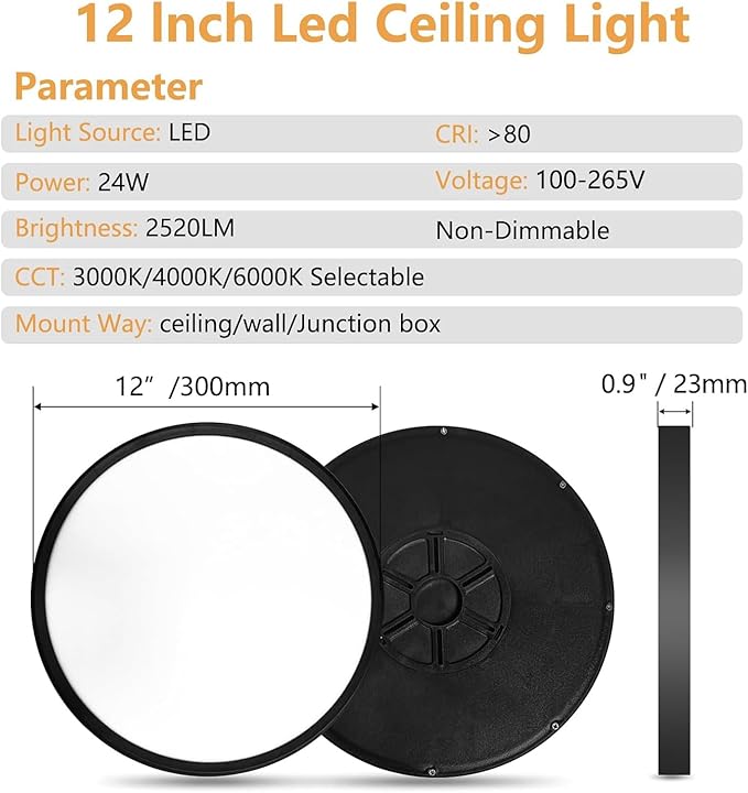 6PK 12 Inch LED Flush Mount Ceiling Light, 24W, 2520LM, 3000K/4000K/6000K CCT Selectable Super Slim Low Profile Ceiling Light, Close to Ceiling Round Flat Panel Fixture for Hallway,Bedroom,kitchen