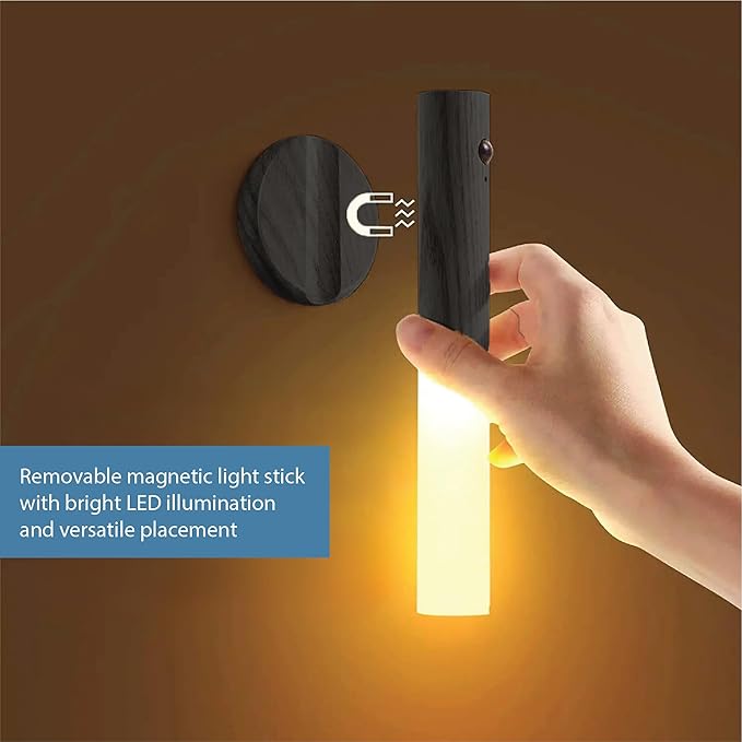 Motion Sensor Night Light Black 2pc, Magnetic LED Wall Lights Rechargeable Portable Sensor Night Light Indoor Wooden Wall Sconce for Bedroom, Staircase, Hallway, Closet Walnut Wood, Warm Lighting