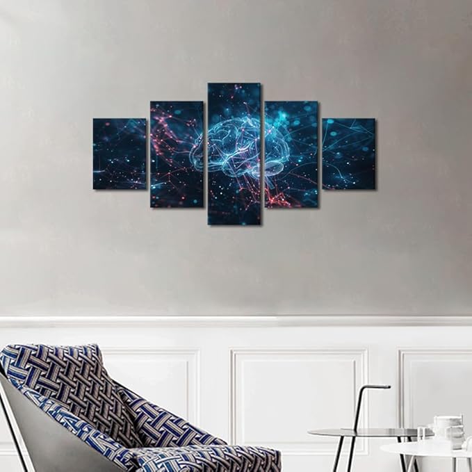 TUMOVO 5 Panel Abstract Pictures for Bedroom Digital Human Brain Decor for Boys Bedroom Futuristic Technology Wall Posters for Room Office AI Canvas Prints Wall Art Print Artwork Canvas 60" Wx32 H