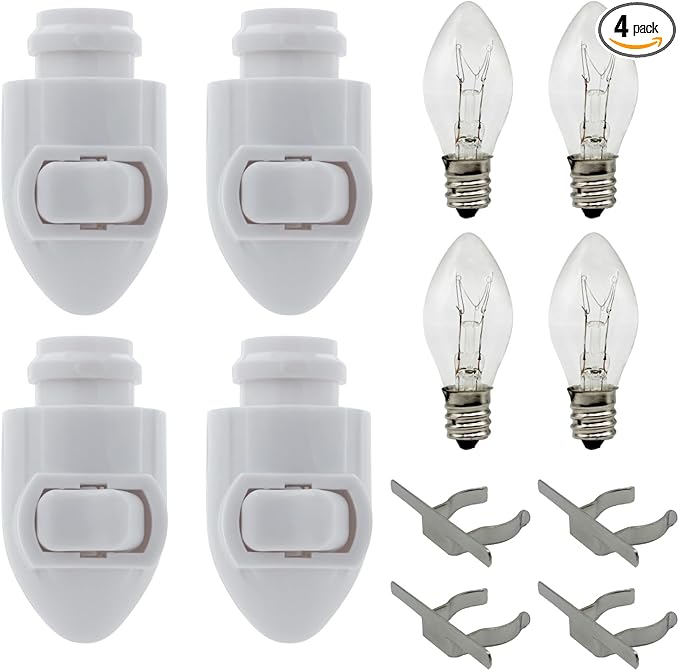 Creative Hobbies Plug in Night Light Module Includes 4 Bulbs and 4 Metal Clips, Great for Making Your Own Decorative Night Lights, Pack of 4 (White)