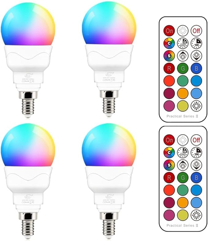 ILC E12 LED Light Bulbs (40w Equivalent) 5W, Color Changing RGB, A15 Small Base Candelabra Round Light Bulb, Candle Base, 2700K Warm White 12 Colors 2 Modes Timing with Remote Control (4 Pack)