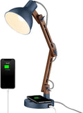 ELYONA Sapele Wood Desk Lamp with Upgraded Wireless Charger, Swing Arm Table Lamp with USB C Charging Port, Reading Task Light for Bedroom, Dorm, Office, Living Room, LED Bulb Include, Modern Blue