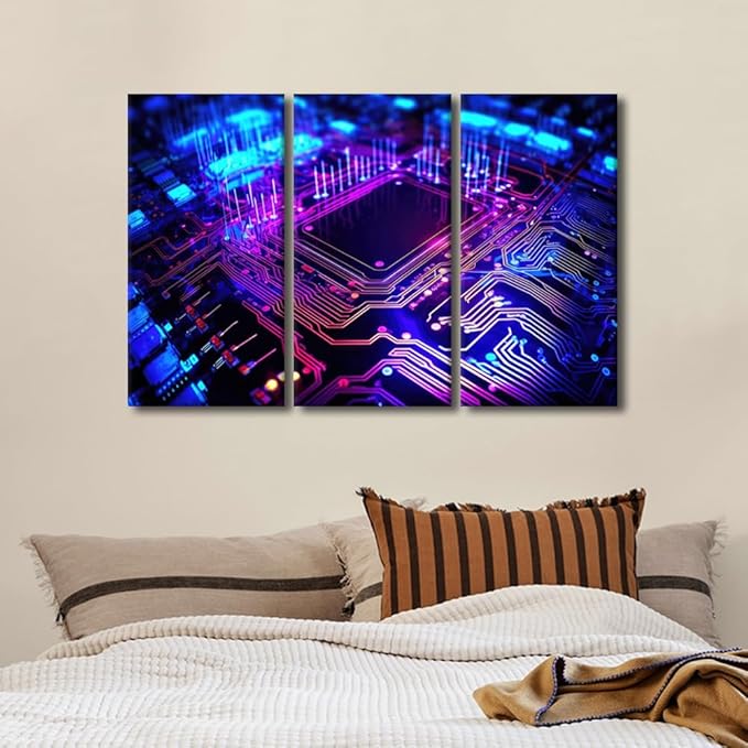 Wall Pictures for Living Room Semiconductor Chip Pictures Canvas Print Circuit Board Wall Art 3 Pieces Framed Art Prints Giclee Gallery-Wrapped Framed Ready to Hang Posters, 42" Wx28 H