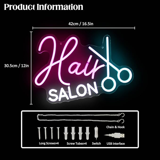 Hair Salon Neon Sign Barber Neon Light Salon LED Signs for Wall Haircut Neon Lights Signs for Barber Shop Beauty Room Decor Business Sign 16.5 × 12 in