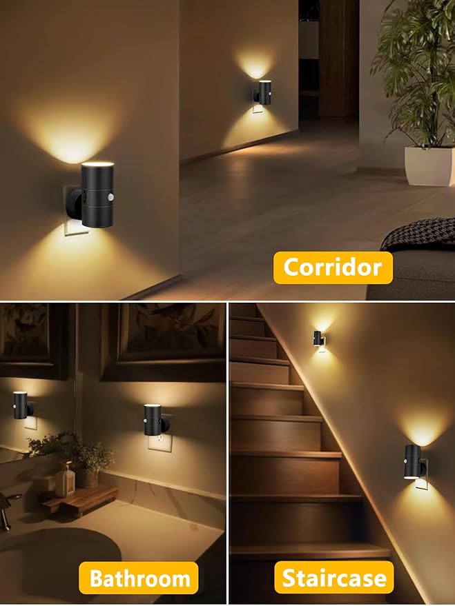 LED Night Lights Plug into Wall with Motion Sensor & Dusk to Dawn Sensor,3000K Warm White, Modern Plug in Nightlight for Bathroom, Hallway, Stairs