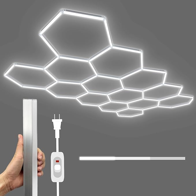 Hexagon Garage Lights Dimmable: Upgraded 3 Level Dimmable Led Hexagon Lights,57 Pack 14 Hex Ceiling Honeycomb 6500K for Garage, Gym,Basement, Warehouse, Auto Beauty Shop, Car Detailing Shop