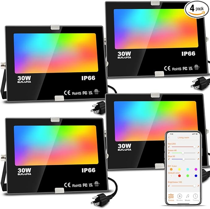 LED Flood Light Outdoor, 30W Equivalent 3000LM Smart RGB Landscape Lighting with APP Control, DIY Scenes - Timing - 5700K Daylight White -Color Changing Uplight, IP66 Waterproof US Plug MELPO(4 Pack)