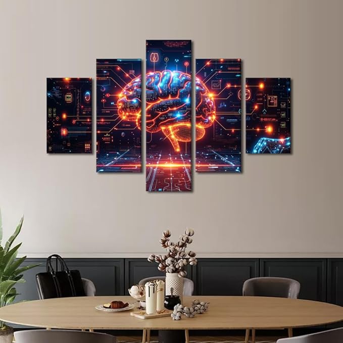 5 Panel Artificial Intelligence Brain Data Analysis Paintings Wall Art Futuristic Technology Posters and Prints Frame Neural Network Pictures for House Wall Decor AI Art Wall for House 60"Wx40"H