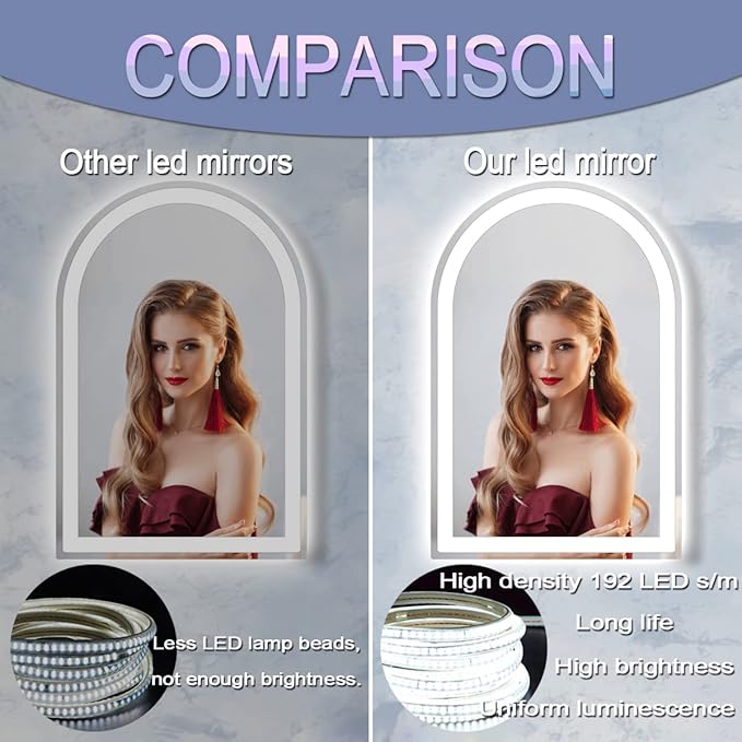 36 x 24 Inch Bathroom Arch Vanity Mirror with Light Arch LED Mirror for Bathroom Wall Mounted Arched Lighted Mirror AntiFog Dimmable 3 Color 36" Half Round Arched Smart LED Light up Mirror