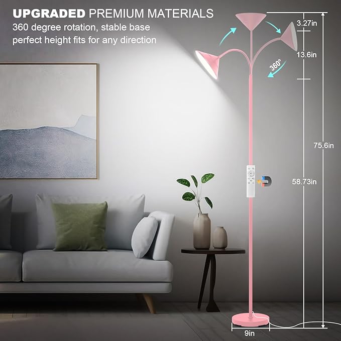 Floor Lamp, 18W Upgraded Bright LED Floor Lamps for Living Room Bedroom with Gooseneck Stepless Dimming & Color 76inch Tall Standing Lamp with Remote & Touch Control Work with Smart Plug (Pink)