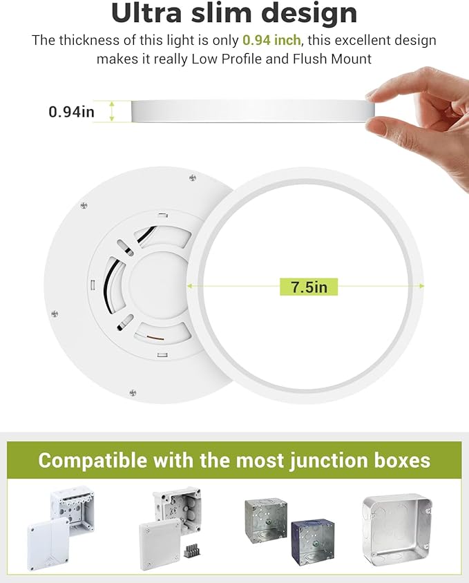 1PACK LED Flush Mount Ceiling Light, 3CCT Selectable 3000K-4000K-6500K & 100W Equivalent Modern Kitchen Recessed Ceiling Lamp 15W 1500Lm 7.5 Inch for Bathroom Closet Laundry Bedroom Hallway, White