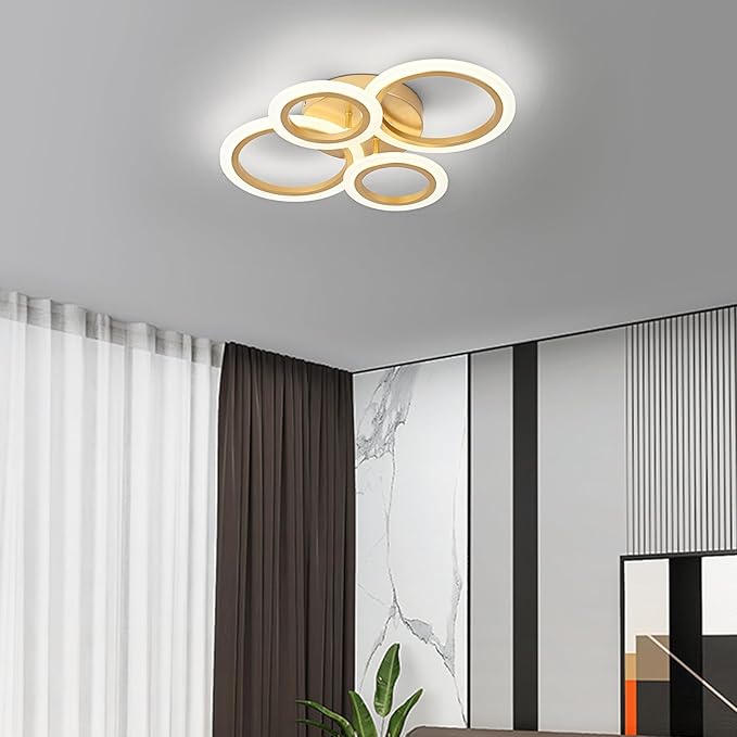 Vikaey Modern LED Flush Mount Ceiling Light, 4 Rings Gold Close to Ceiling Light Fixtures, Kitchen Lighting Fixture Lamp for Bedroom, Living Room, Laundry Room, 4000K Not Dimmable