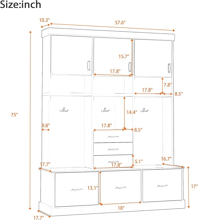 Amposei Hall Tree with Storage Bench & Coat Rack 58’’W Modern Tall Entryway Oranizer Cabinet with 6 Drawers, 3 Metal Hooks for Living Room Hallway Mudroom, White