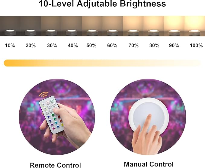 Battery Operated LED Puck Lights with Remote RGB 13 Color Changing Wireless Stick On Closet Push Lights Under Cabinet Lighting with Dimmable & Timing Function for Xmas Decor