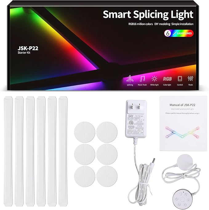 RGBIC Smart WiFi Glide Wall Light, Compatible with Alexa and Google Assistant, 16M+ Colors, Music Sync, Gaming Room/Bedroom Decor Lights(6 White Lines Light)