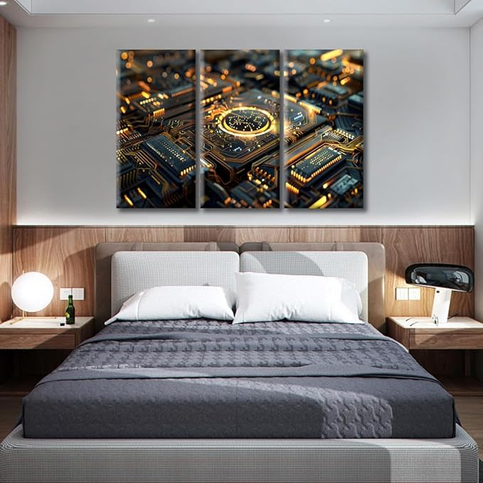 Processor Design Wall Art 3 Panels Motherboard Digital Chip Canvas Prints Painting for Living Room Bedroom Kitchen Home and Office Wall Decor Home Decor Ready to Hang 60"Wx40"H