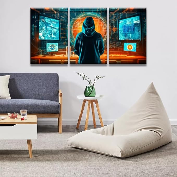 LSIUHWUWI Wall Art for Living Room 3 Panel Cybersecurity, Phishing, Cybercrime Pictures Posters Contemporary Wall Decor for Home Office Hotel Wall Wooden Framed Ready to Hang 16x24inchx3